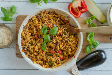 Healthy pasta pan dish with chickpea noodles, vegetables and minced meat