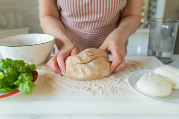 Hands holding a fresh kneaded whole wheat pizza dough 