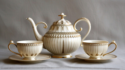 Elegant white and gold tea set. A beautiful white and gold tea set with an elegant design, perfect for a sophisticated tea party.