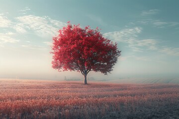a tree with red leaves in a field - Powered by Adobe