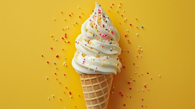Delicious vanilla soft serve ice cream in a waffle cone with colorful sprinkles on a vibrant yellow background.