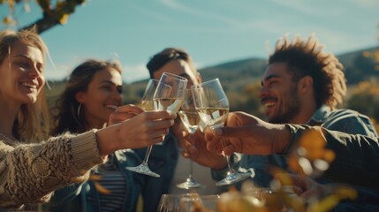 Friends toasting wine in a vineyard at daytime and having fun outdoors