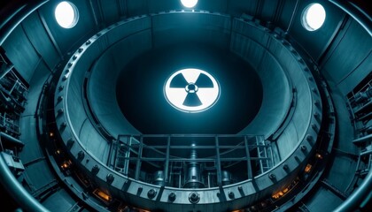 Naklejka premium An abstract, ominous view of a nuclear reactor core, illuminated by artificial lighting that casts a blue hue, symbolizing atomic energy.. AI Generation