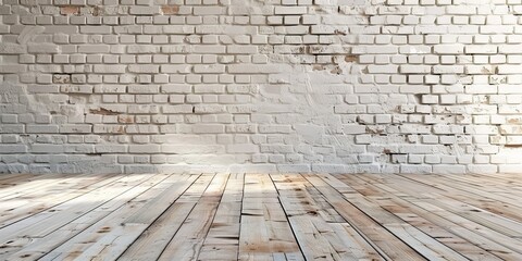 empty room with white wooden floor with white brick wall   background,  product display