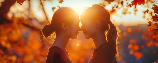 Two women embrace in the warm glow of an autumn sunset their silhouettes creating a dreamy ethereal moment of affection surrounded by the vibrant - Powered by Adobe