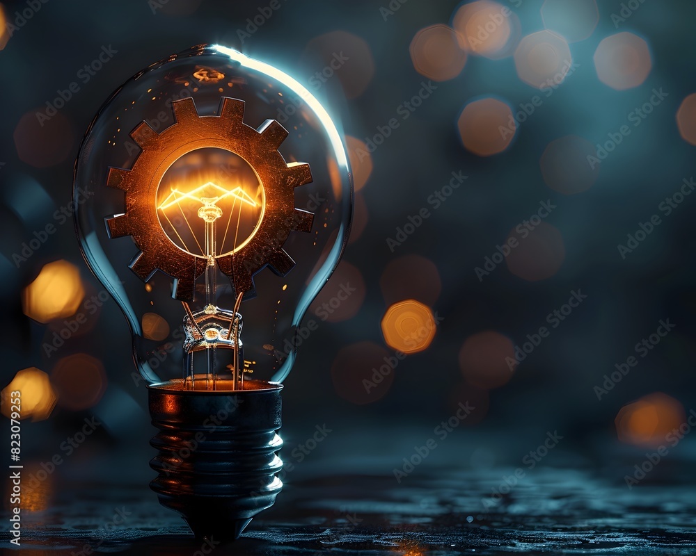 Poster illuminated light bulb with gears in motion representing the creative and technical aspects of busin