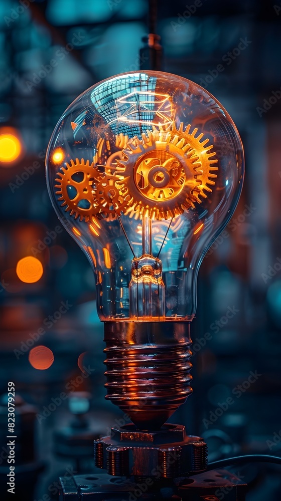 Poster intersecting gears and illuminating bulb a symbol of creativity and structure