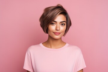 Fototapeta premium A woman with short brown hair and a pink shirt is smiling
