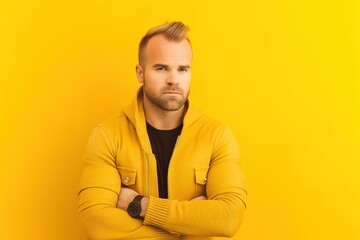 Obraz premium A man in a yellow jacket is standing in front of a yellow wall