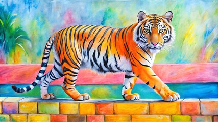 tiger patterned wall,walking tiger on the wall,childlike tiger,pastel tiger,sweet tiger,animal wall,childlike style wall,naive style wall,animal spalsh wall