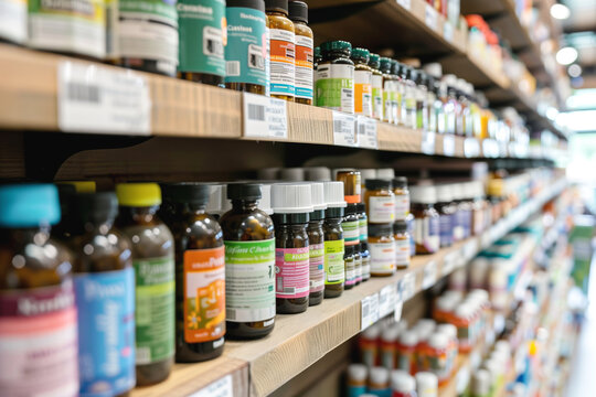 Shelves stocked with assorted dietary supplements and health products in a wellness store aisle.