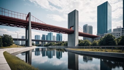 Fototapeta premium A tranquil urban scene showcasing a modern cityscape with skyscrapers and an elegant red elevated walkway reflecting on a calm river.. AI Generation