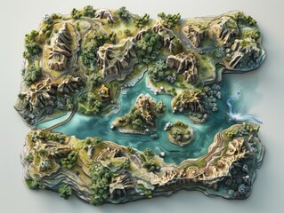 Fantastic game 3D digital map with sea, ocean, mountains, lands, trees, ships.