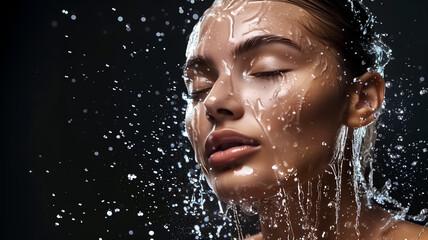Fototapeta premium A beautiful woman with water pouring over the head, face washing, beauty concept, black background