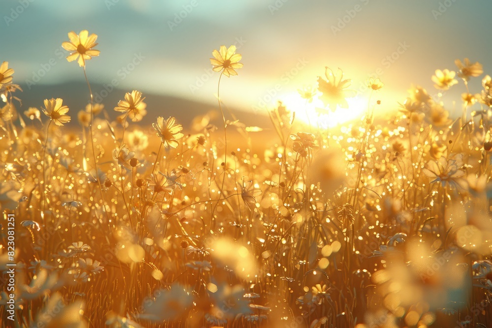 Wall mural the bright golden sunset across the tall grass professional advertising food photography