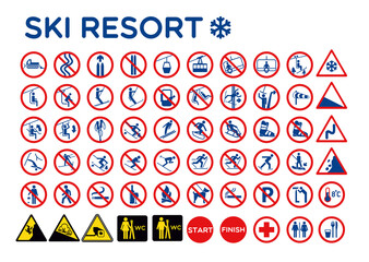 Collection of ski resort signs displayed against a blank white backdrop