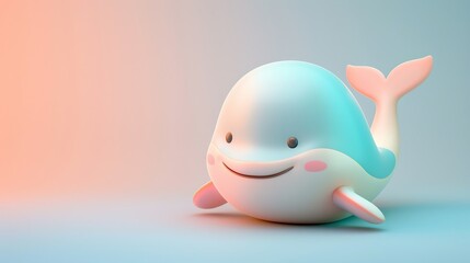 A cute and friendly cartoon whale. The whale is white and blue with a pink belly and a happy smile on its face. It is swimming in a simple blue background. 3D illustration with copy space