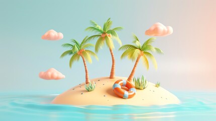Fototapeta premium Create a 3D illustration of a small tropical island with three palm trees, pink clouds, and a life preserver. The island should be surrounded by water and have a sandy beach.
