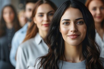 Obraz premium Portrait of beautiful smiling businesswoman with her colleagues. Multi-ethnic group of business persons standing in a row in modern office. Successful team leader and her team in background