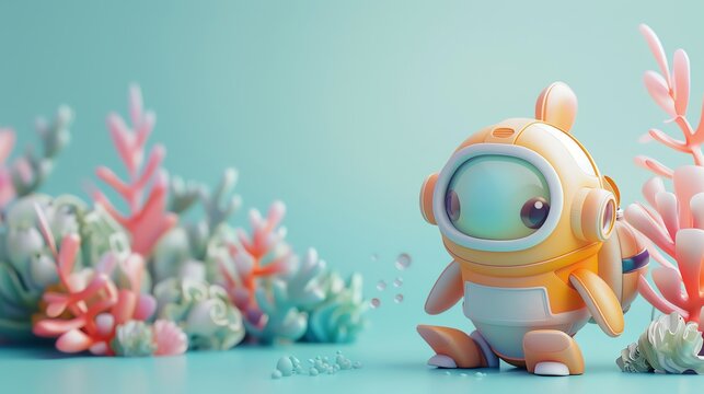 A cute yellow robot wearing a diving suit explores an underwater world full of colorful coral reefs