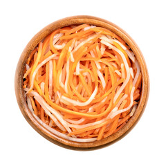 Pickled celeriac and carrot salad in a wooden bowl. Strips of celery root or knob celery, and carrot strips, pasteurized and preserved in vinegar brine, with salt and spices. Used as a side dish.