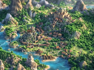 Fantastic game 3D digital map with sea, ocean, mountains, lands, trees, ships.