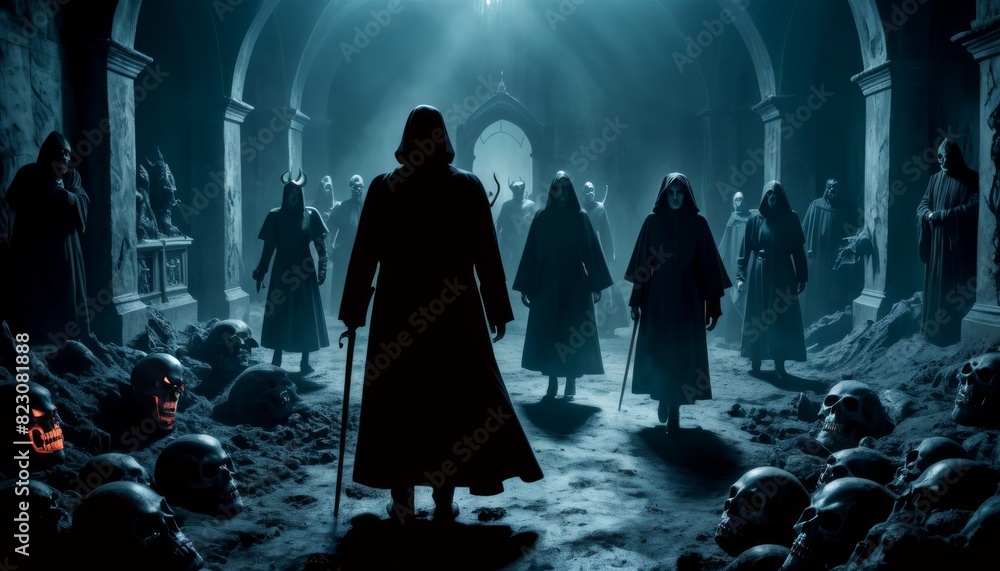 Aufkleber a shadowy figure stands before a gathering of cloaked individuals in a crypt surrounded by skulls, c