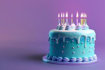 a blue cake with lit candles