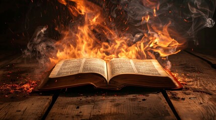Wooden table with an open Christian book, surrounded by fiery embers and infernal glow, dramatic shadows