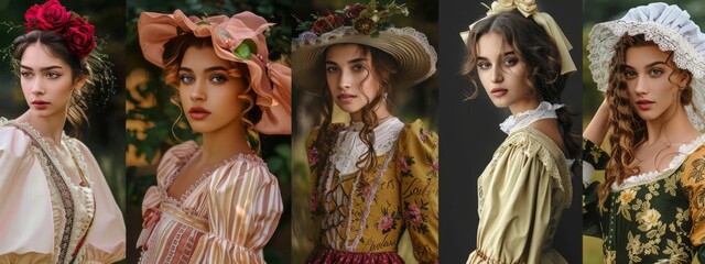 Naklejka premium A collage featuring young women dressed in historical costumes from various eras, each outfit representing one of the four seasons