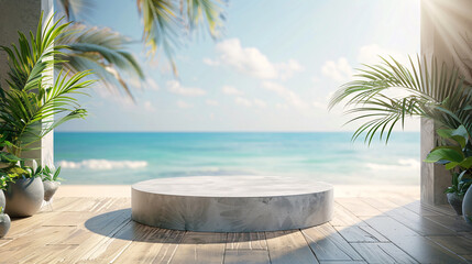 Empty stand with tropical beach background, great for beauty and cosmetic product promotions