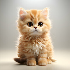 Fototapeta premium Cute ginger kitten sitting and looking at camera on gray background.