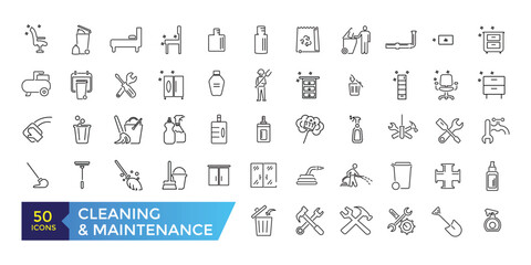 House Cleaning and Maintenance Icons Set. Broom, Dustpan, Vacuum cleaner. Simple Icons Vector Collection. Editable ui stroke.