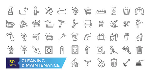 House Cleaning and Maintenance Icons Set. Broom, Dustpan, Vacuum cleaner. Simple Icons Vector Collection. Editable ui stroke.
