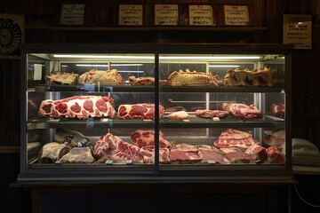 a display case with meat on it