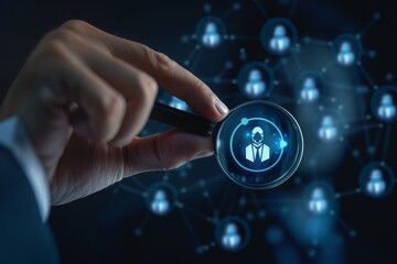 Obraz premium HRM or Human Resource Management, Businessman holding magnifier select and accept to manager icon which is among staff icons for human development recruitment leadership and customer target group 