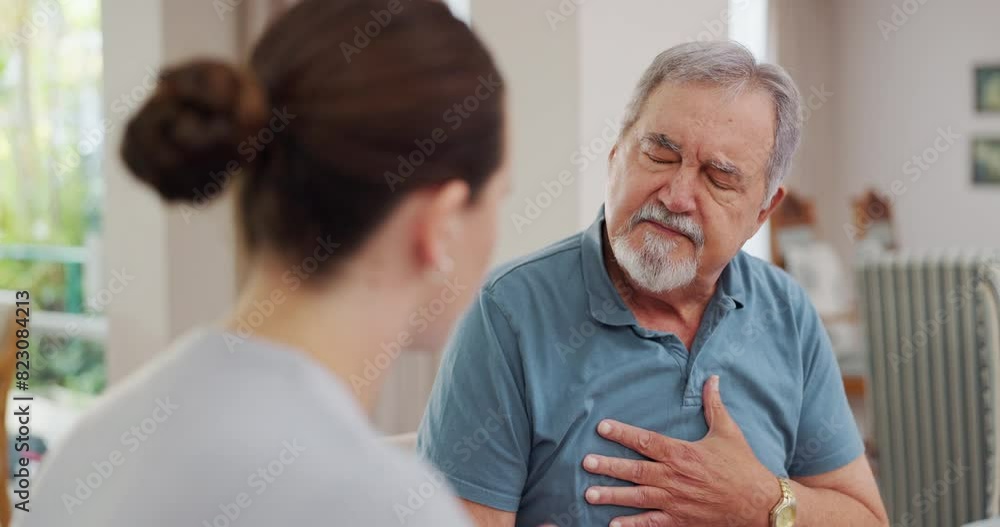 Wall mural Nurse, senior and man with chest pain, communication for advice or healthcare and crisis in retirement home for care. Caregiver, mature male person and consulting for symptoms of pneumonia infection.