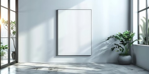 empty white poster on the wall in home, white board hung in a room in modern house empty white blank poster on white wall 