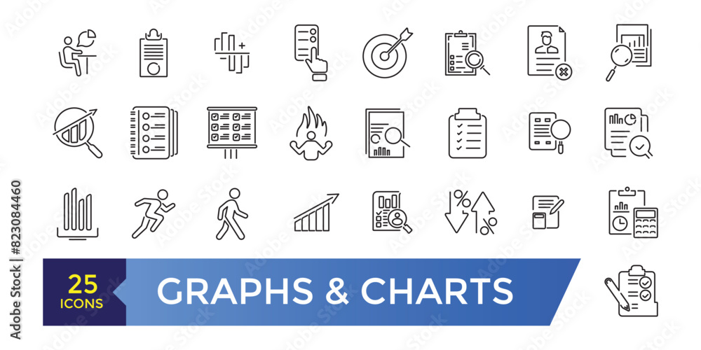 Poster financial analytics related graph and charts vector line icons. simple line art style icons pack. ed