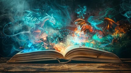 Open book with vibrant fairy tale elements like dragons and wizards springing out, on a dark wooden table