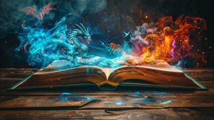 Open book with vibrant fairy tale elements like dragons and wizards springing out, on a dark wooden table © Paul