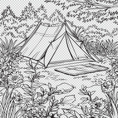 Camping tent in the garden for kids coloring book pages, black vector illustration on transparent background