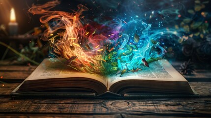 Open book with vibrant fairy tale elements like dragons and wizards springing out, on a dark wooden table © Paul