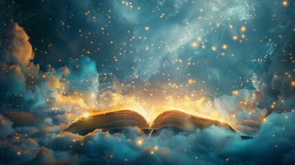 Open book with magical fairy tales and characters springing out, surrounded by fluffy clouds and a mystical glow