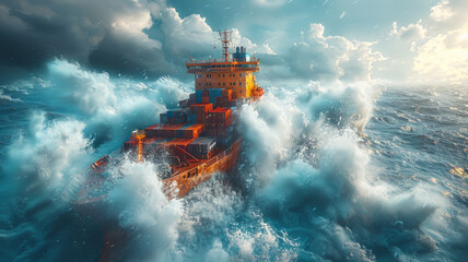 container ship in the ocean accident with a ship with containers floating very big waves...