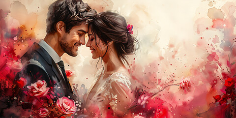 Customizable Watercolor Wedding Artwork: Empty Background, Copy Space, Romantic Scene - Powered by Adobe