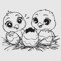 Chicks hatching from eggs, vector illustration on transparent background for kids coloring book