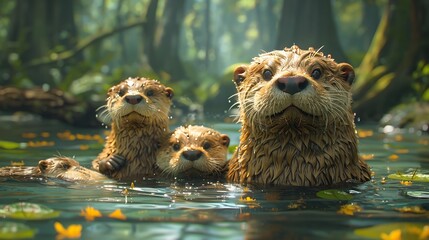 Amidst towering redwoods of California a family of otters frolics in the cool waters of a meandering river