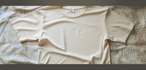 Plain empty cream t-shirt mockup displayed close-up on an antique paper texture.