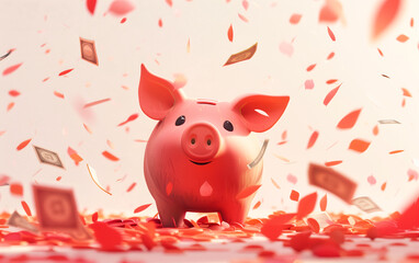 Cheerful pink piggy bank stands amongst a flurry of falling money, symbolizing prosperity, savings, and financial success